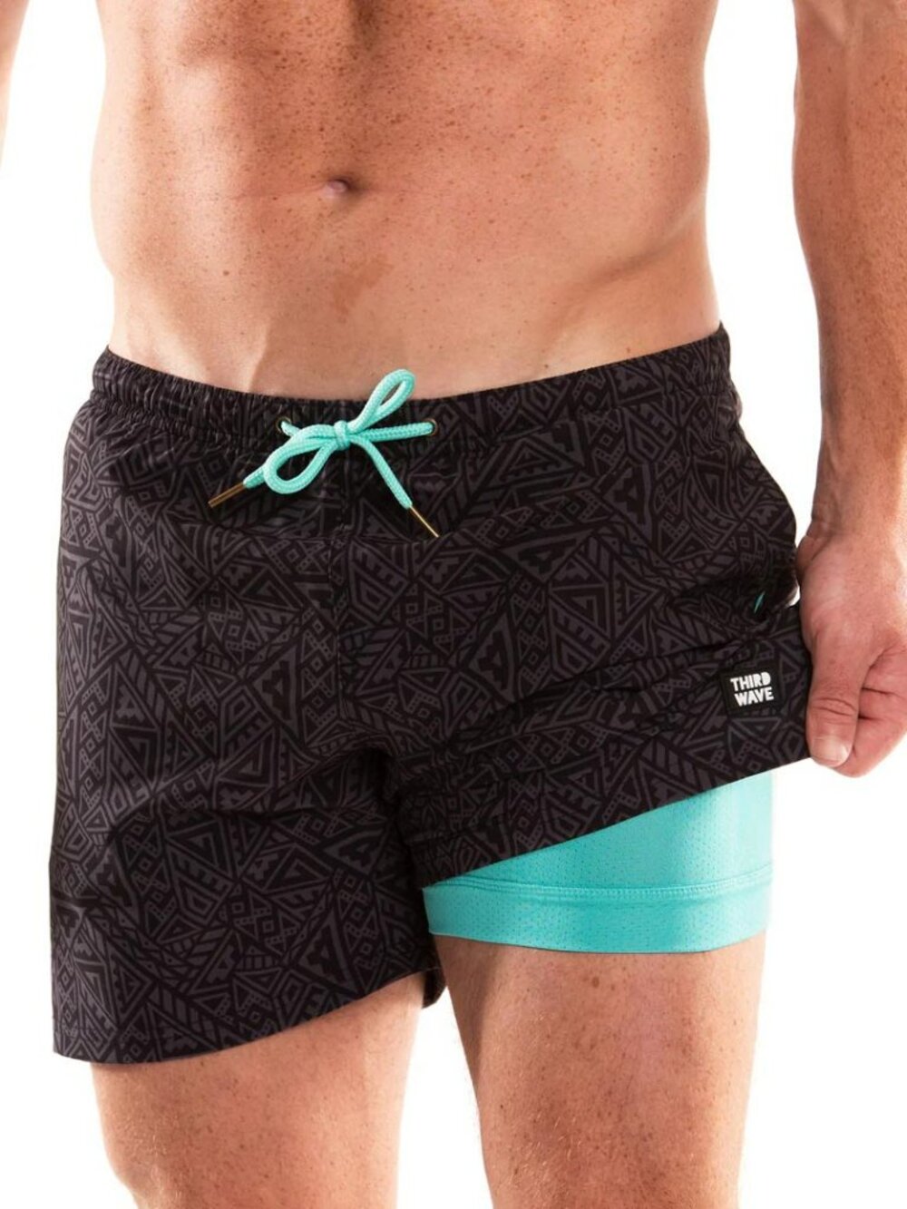 NWT XL men's 5" swim trucks THIRD WAVE compression lined tribe quest black teal